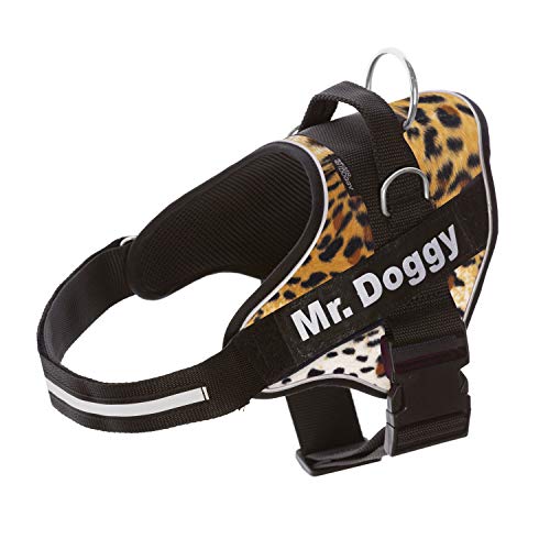 Personalisierbares Geschirr für große, kleine und mittelgroße Hunde – mit 2 Namensschildern – reflektierend – hochwertig und robust (XS 3-7,5 kg, Zebra) (L 21-32 kg, Leopard) von Mr. Doggy