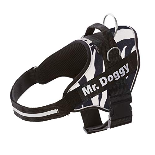 Personalisierbares Geschirr für große, kleine und mittelgroße Hunde – mit 2 Namensschildern – reflektierend – hochwertig und robust (XS 3-7,5 kg, Zebra) (XL 30-45 kg, Zebra) von Mr. Doggy