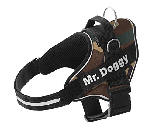 Personalisiertes Geschirr für Hunde, Bedruckt, reflektierend, inkl. 2 personalisierbaren Namen-Etiketten, alle Größen (Camouflage, L 20-35 kg) von Mr. Doggy