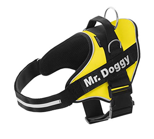 MR. DOGGY Personalisiertes Hundegeschirr - Reflektierendes und sicheres Hundegeschirr - Enthält 2 Namensschilder - Klein, Mittel und Groß - Qualität und Beständigkeit (Gelb, XXL 40-75KG) von Mr. Doggy