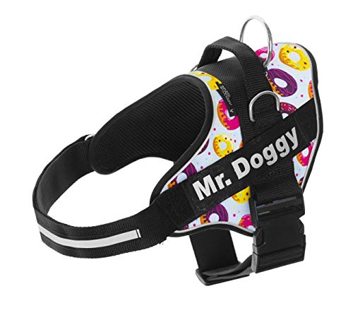 Personalisiertes Hundegeschirr - Reflektierendes und sicheres Hundegeschirr - Enthält 2 Namensschilder - Klein, Mittel und Groß - Qualität und Beständigkeit (L 20-35KG, Donuts) von Mr. Doggy