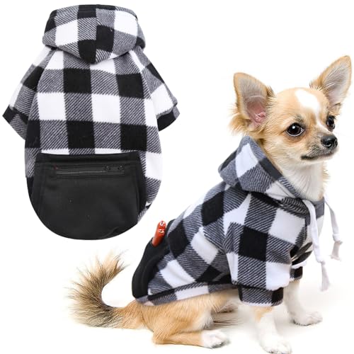 Mrcopetal Hunde-Kapuzenpullover, kariert, Sweatshirt, Welpenpullover, weich gebürstetes Fleece, Hoodies für Hunde, mit Reißverschlusstasche, Wintermantel, Baumwolle, Haustier-Kapuzenpullover, für von Mrcopetal