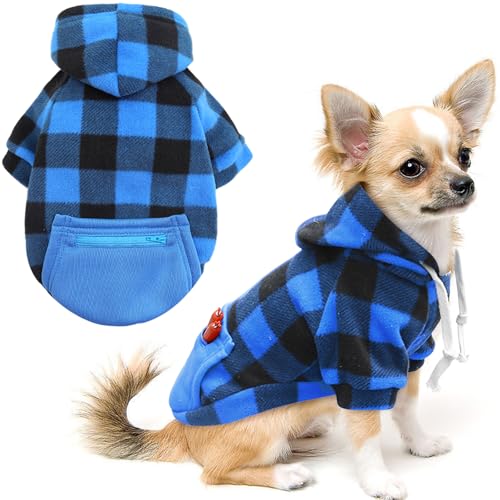 Mrcopetal Hunde-Kapuzenpullover, kariert, Sweatshirt, Welpenpullover, weich gebürstetes Fleece, Hoodies für Hunde, mit Reißverschlusstasche, Wintermantel, Baumwolle, Haustier-Kapuzenpullover, für von Mrcopetal