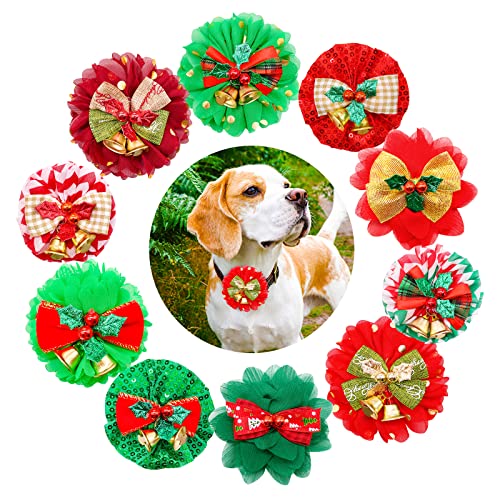 10 Stück Weihnachts-Fliegen für kleine Hunde, Weihnachtselement, rote und grüne Blumenglocken, Hundehalsband-Befestigung, Fliegen, Hunde-Fliegen mit elastischen Bändern für Haustier-Hundehalsband, Fellpflegezubehör (CH086-10) von Mruq pet