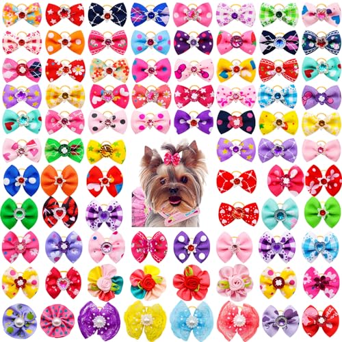 100 Stück / 50 Paar Hunde-Schleifen, Strass-Perlen, Tierhaarschleifen mit Gummibändern, Welpenschleife, Topknoten, Haustierpflege-Haarschleifen in verschiedenen Farben von Mruq pet