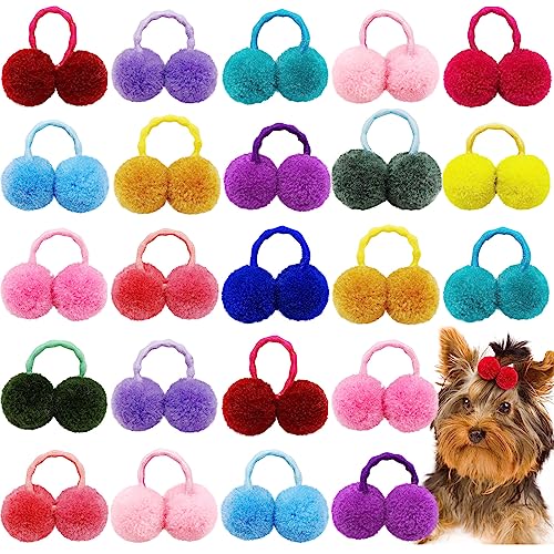 Mruq pet 50 Stück Hunde-Haarschleifen, große kleine Hundepflege, runde Puffball-Pom-Schleifen mit Gummibändern, 3.8x2.6 cm, gemischte Haustier-Welpen, Mini-Hundeschleifen, Mädchen, Haar-Accessoires von Mruq pet