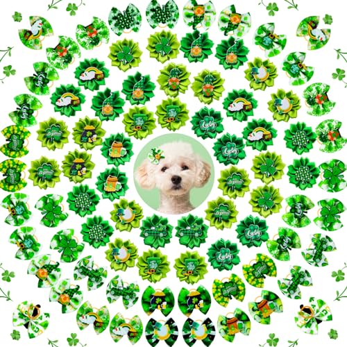 Mruq pet 80 Stück St. Patrick's Day Hundeschleifen, Urlaubsschleifen mit Gummibändern, St.Patrick's Day grünes Glücksklee-Element, Haarschleifen für Hunde, Welpen, Yorkie, Haarschmuck von Mruq pet