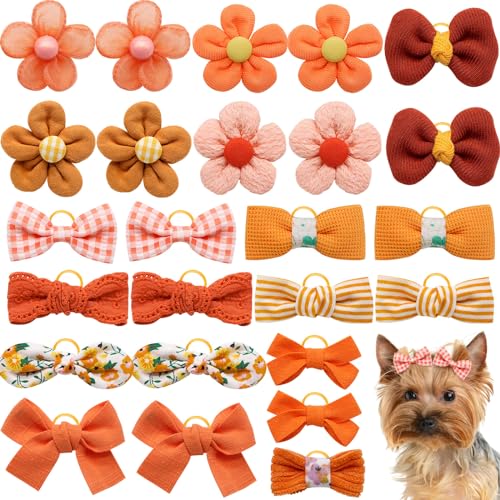 Mruq pet Haarschleifen für kleine Hunde mit Gummibändern, handgemacht, niedliche Hunde-Haarschleifen für den Urlaub, Alltag, Yorkie-Hundehaar-Accessoires (Orange-A326), 20 Stück von Mruq pet