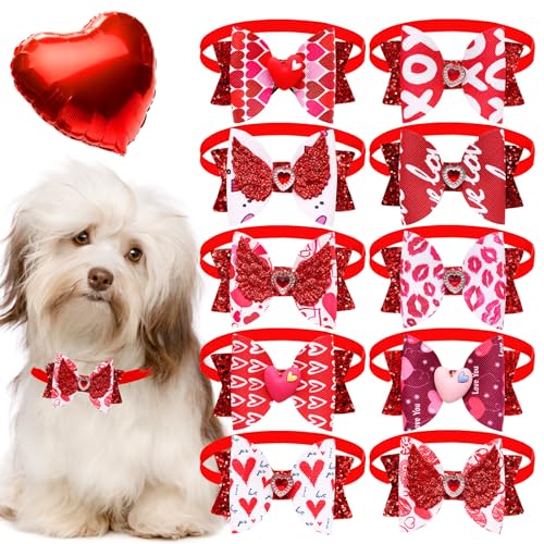 Mruq pet Hundehalsband-Fliegen für kleine Hunde, verstellbar, Rosa und Rot, für Haustiere, mit Strasssteinen, für Festivals, Welpen, Hundehalsband, Zubehör, 10 Stück von Mruq pet