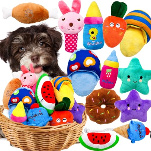 Mruq pet Quietschendes Hundespielzeug für kleine und mittelgroße Hunde, niedliches interaktives Quietschspielzeug, verschiedene Designs, weich gefüllt, Plüsch, Kauspielzeug-Set für Hunde, 12 Stück von Mruq pet