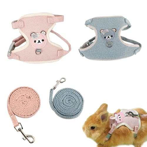 MsTeco 2 Stück Verstellbares Hasengeschirr, Kaninchen Leine für Zwergkaninchen, Leine Weiches Geschirr für Kaninchen, für Kleintier Hase Hamster Katze Outdoor (S, Blau, Rosa) von MsTeco