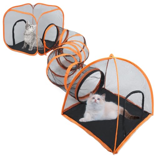 Outdoor Katzentunnel, Pop Up Katzenzelt - Outdoor Katzenlaufstall, Zelte für Kleintiere, Bietet doppelten Spaß mit 2-Wege-Katzenlaufstall, Katzenzelte für Draußen-Orange von Msutree