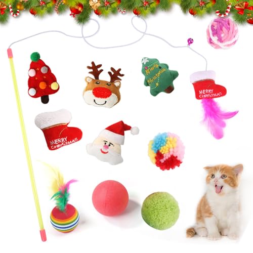 11 Stücke Weihnachts Katzenspielzeug Interaktives Katzenspielzeug Kätzchen Spielzeug für Innenhilfe Katze Federspielzeug Wandspielzeug Spielzeugstrumpf Geschenke Set Kätzchen Kauspiel Spielzeug von Mtbricey