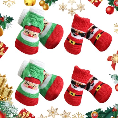 4 Paar Weihnachtshund Socken Anti-Rutsch Hunde Pfotenschutz Welpe Stricksocken für Innengriffe im Freien Warme Haustier Socken für Kleine Mittelgroßen Hunden Katzenkatze Kaninchen (Style A, M) von Mtbricey