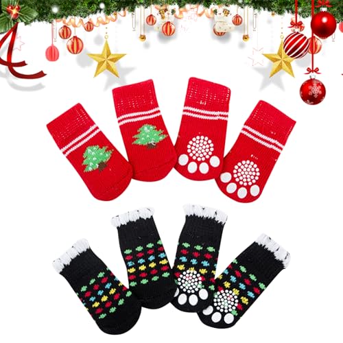 4 Paar Weihnachtshund Socken Anti-Rutsch Hunde Pfotenschutz Welpe Stricksocken für Innengriffe im Freien Warme Haustier Socken für Kleine Mittelgroßen Hunden Katzenkatze Kaninchen (Style B, L) von Mtbricey