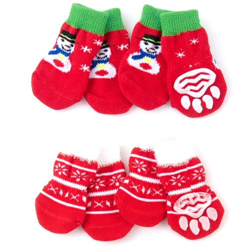 4 Paare Weihnachten Anti-Rutsch Hundesocken,Rot Hund Pfote Protector,Weiche Katzensocken,Socken für Haustiere mit Gummiverstärkung,Pfotenschutz und Traktion Dank Silikon-Gel,für Indoor Outdoor Hunde von Mtbricey