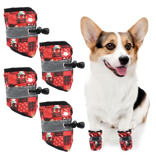 Weihnachten Hundeschuhe,4 Stück Einstellbar Hundestiefel mit Reflektierendem Riemen Anti-Rutsch Sohle Freien Pfotenschützer Hundeschuhe für Kleine Mittlere Große Hunde Winter Waschbar Atmungsaktiv von Mtbricey