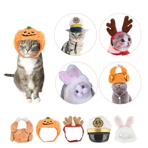 MuYaoPet 5 Packungen Urlaubshut für Katzen, Hundemütze, Elch, Kaninchen, Kopfbedeckung, Truthahn, Matrosen, Halloween, Weihnachten, Ostern, Erntedankfest, Kostüm-Outfits für Katzen und kleine Hunde (5 von MuYaoPet