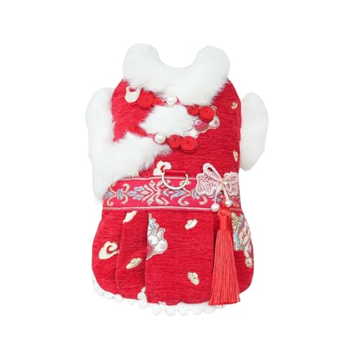 MuYaoPet Cheongsam-Kostüm für Hunde, Winterkleidung, Fleece, mit Ring für die Leine für kleine Hunde, ausgefallenes Haustier-Kleid, Katzen, Weihnachtsrock, Kleid, Rot, Größe XL von MuYaoPet