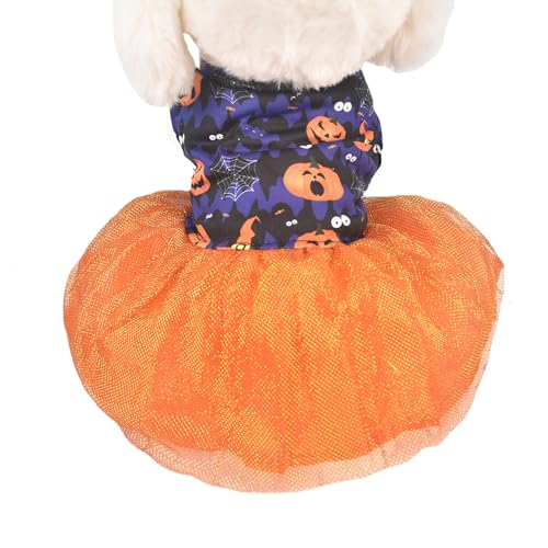 MuYaoPet Halloween-Hundekleid, Kürbis, Fledermaus-Kostüm, Kleidung, Outfit, Sommer, Haustier, Katze, Tutu, Rock, Kleid für kleine Hunde, Katzen, Mädchen (Gelb, Größe L (Haustier 3,6–5 kg) von MuYaoPet