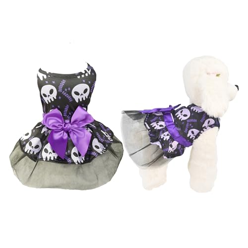 MuYaoPet Lustiges Halloween-Kostüm aus Tüll mit Schleife, Totenkopf-Kostüm, Kleidung, Outfit, Haustier-Katzen-Tutu-Rock, Kleid für kleine Hunde, Katzen, Mädchen (Violett, Größe L (Haustier 3,6–5 kg) von MuYaoPet