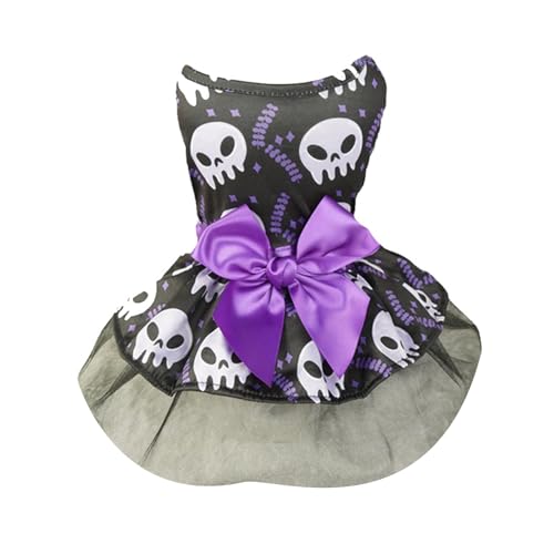 MuYaoPet Lustiges Halloween-Kostüm aus Tüll mit Schleife, Totenkopf-Kostüm, Kleidung, Outfit, Haustier-Katzen-Tutu-Rock, Kleid für kleine Hunde, Katzen, Mädchen (Violett, Größe L (Haustier 3,6–5 kg) von MuYaoPet