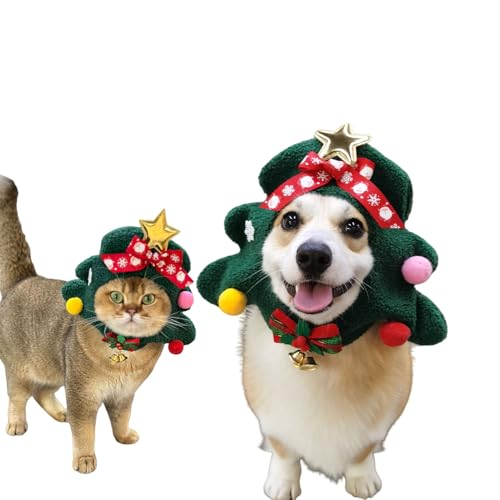 MuYaoPet Weihnachtsmütze mit Fliege und Halsband, Katzen-Weihnachtsbaum-Kostüm, Outfits für kleine, mittelgroße und große Hunde, warme Wintermütze, Hals-Ohrenwärmer, Stirnband, Kopfbedeckung (Rot, M) von MuYaoPet