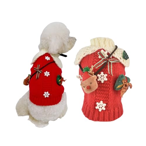 MuYaoPet Weihnachtspullover für Hunde, niedliches Schneeflocken-Elch-Muster, für Hunde und Katzen, Strickwaren mit Tragetasche, Weihnachtsbaum-Kostüm für kleine Hunde und Katzen, Rot, Größe L von MuYaoPet