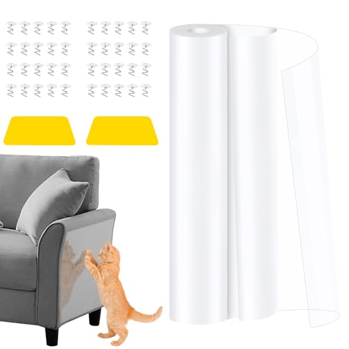 Mucek Kratzschutz Sofa Katze, 6m x 45cm Anti Kratz Folie für Katzen, Kratzfolie Katzen Selbstklebend Transparent, Kratzschutz Tür und Wand, Kratzschutzfolie mit Kratzer Twist Pins von Mucek