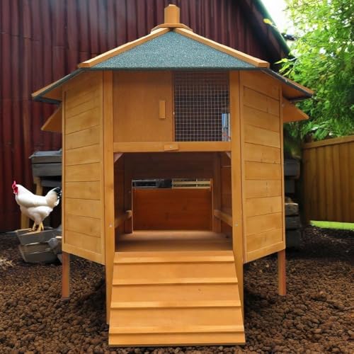 Mucola Hühnerhaus mit Nestbox, Rampe und Hühnerstangen Hühnerstall 6-Eck Pavillion 131x125 cm Gefügelstall Kleintierstall Legenester Hühnervoliere | für 5-8 Hühner | von Mucola