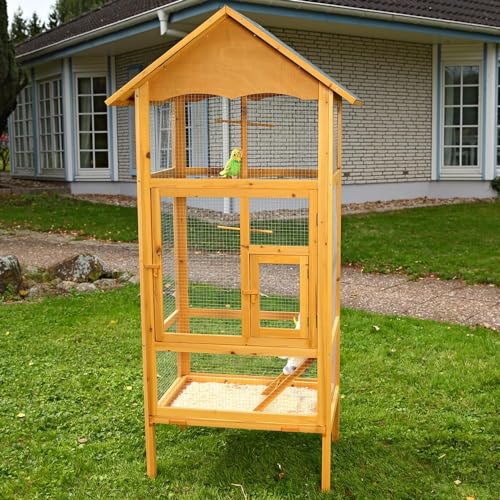 Mucola Vogelvoliere Holz großer Vogelkäfig mit 2 Türen Vogelhaus mit Sitzstangen, Leiter und Kotschublade Außenvoliere 74 x 74 x 194 cm Zuchtkäfig Vogelhaus von Mucola