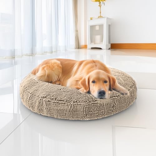 Muddy Mat® Cloud K-9 Hundebett für Hunde und Katzen, weiches und entspannendes Donut-Hundebett, Chenille-Material, abnehmbarer Bezug, waschbar und trocknergeeignet, Beige, Größe L (102 x 101 cm) von Muddy Mat