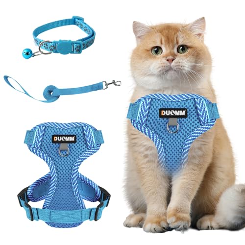 Muecleao Katzengeschirr mit Leine Ausbruchsicher, Katzenleine mit Geschirr für Katzen, Verstellbares Katzengeschirr Katzenhalsband mit Reflektierenden Streifen für Outdoor Training Gehen (Blau, L) von Muecleao