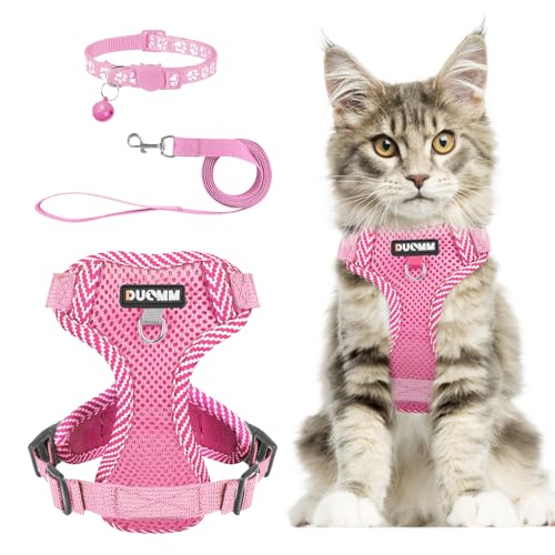 Muecleao Katzengeschirr mit Leine Ausbruchsicher, Katzenleine mit Geschirr für Katzen, Verstellbares Katzengeschirr Katzenhalsband mit Reflektierenden Streifen für Outdoor Training Gehen (Rosa, L) von Muecleao