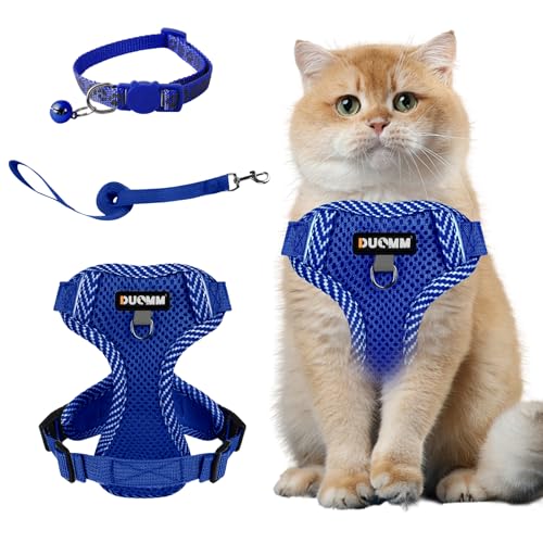 Muecleao Katzengeschirr mit Leine Ausbruchsicher, Katzenleine mit Geschirr für Katzen, Verstellbares Katzengeschirr Katzenhalsband mit Reflektierenden Streifen für Outdoor Training (Dunkelblau, L) von Muecleao