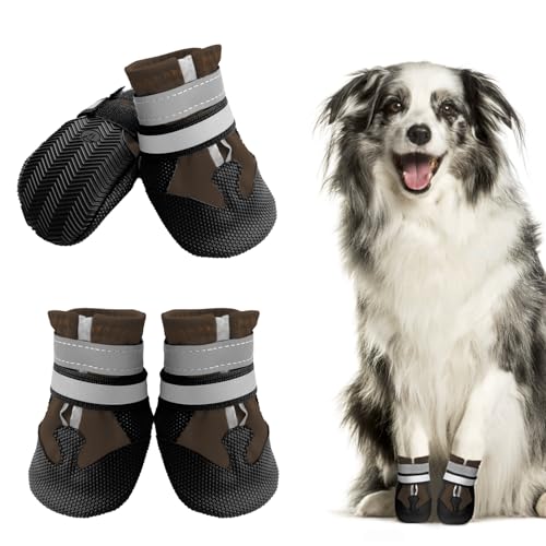 Muecleao Hundeschuhe, 4 Stück, wasserdichte Hundeschuhe mit verstellbaren reflektierenden Riemen und rutschfester Sohle für kleine, mittelgroße und große Hunde (XL, Dunkelbraun) von Muecleao