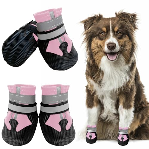 Muecleao Hundeschuhe Pfotenschutz, 4 Stück Wasserdicht Anti-Rutsch Hundestiefel mit Rutschfester Sohle und reflektierendem Klettverschluss, Hunde Schuhe für kleine, Mittlere und Große Hunde (Rosa, L) von Muecleao