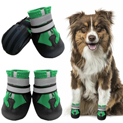 Muecleao Hundeschuhe Pfotenschutz, 4 Stück Wasserdicht Anti-Rutsch Hundestiefel mit Rutschfester Sohle und reflektierendem Klettverschluss, Hunde Schuhe für kleine, Mittlere und Große Hunde (Grün, M) von Muecleao