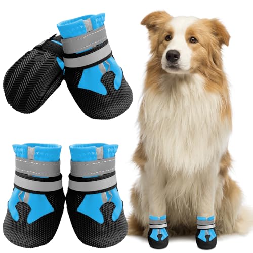 Muecleao Hundeschuhe Pfotenschutz, 4 Stück Wasserdicht Anti-Rutsch Hundestiefel mit Rutschfester Sohle und reflektierendem Klettverschluss, Schuhe für kleine, Mittlere und Große Hunde (Blue, M) von Muecleao