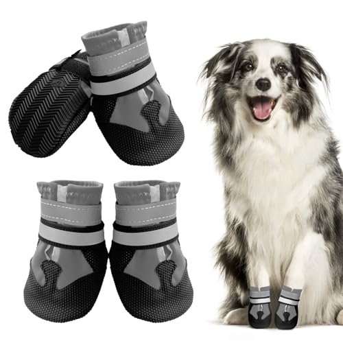 Muecleao Hundeschuhe Pfotenschutz, 4 Stück Wasserdicht Anti-Rutsch Hundestiefel mit Rutschfester Sohle und reflektierendem Klettverschluss, Schuhe für kleine, Mittlere und Große Hunde (Grau, L) von Muecleao