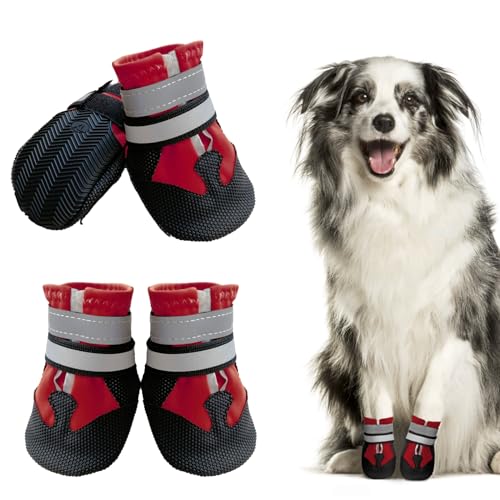 Muecleao Hundeschuhe Pfotenschutz, 4 Stück Wasserdicht Anti-Rutsch Hundestiefel mit Rutschfester Sohle und reflektierendem Klettverschluss, Schuhe für kleine, Mittlere und Große Hunde (Rot, L) von Muecleao