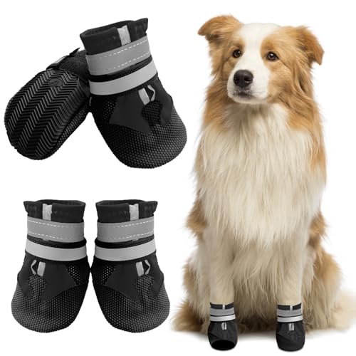 Muecleao Hundeschuhe Pfotenschutz, 4 Stück Wasserdicht Anti-Rutsch Hundestiefel mit Rutschfester Sohle und reflektierendem Klettverschluss, Schuhe für kleine, Mittlere und Große Hunde (Schwarz, XXL) von Muecleao