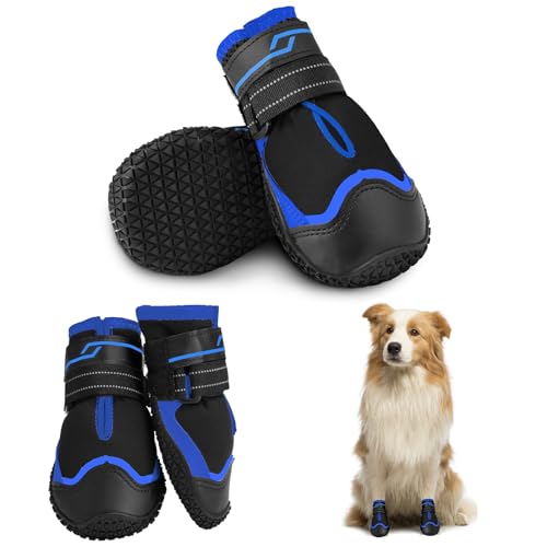 Muecleao Hundeschuhe wasserdicht, Hundeschuhe für verletzte Pfoten, Hundeschuhe Pfotenschutz mit reflektierenden Riemen für kleine, mittelgroße und große Hunde im Freien (Blau, 4#) von Muecleao