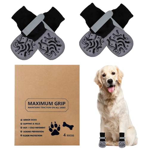 Muecleao Reflektierende Hundesocken, 2 Paar Anti-Rutsch Socken mit Klettverschluss, Weicher Pfotenschutz für Kleine, Mittelgroße und Große Hunde (Dunkelgrau, L) von Muecleao