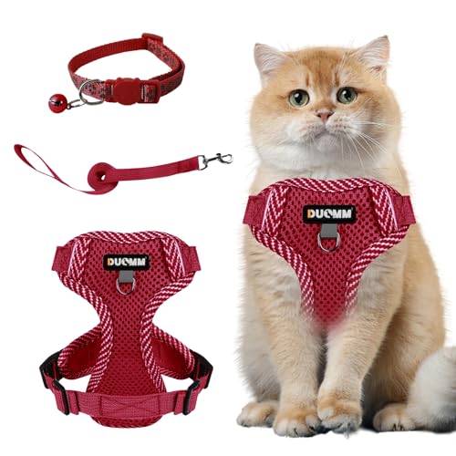 Muecleao Katzengeschirr mit Leine Ausbruchsicher, Katzenleine mit Geschirr für Katzen, Verstellbares Katzengeschirr Katzenhalsband mit Reflektierenden Streifen für Outdoor Training Gehen (Rot, XL) von Muecleao