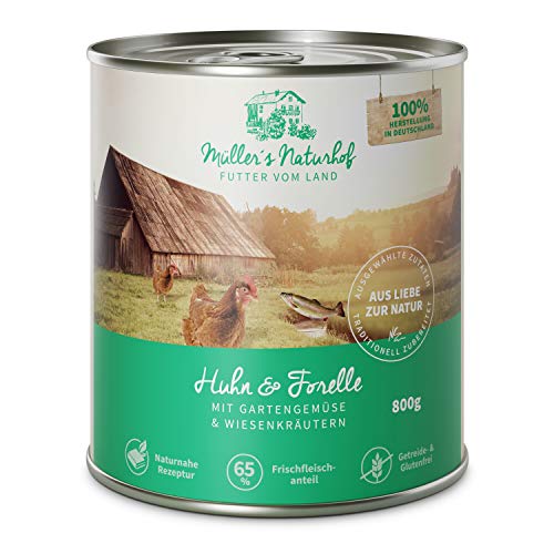 Müllers Naturhof - Huhn und Forelle - 6 x 800 g - Nassfutter für alle Hunderassen - getreidefrei und glutenfrei - mit Gartengemüse und Wiesenkräutern - naturnahe Rezeptur mit 65% Fleisch und Fisch von Müller`s Naturhof FUTTER VOM LAND