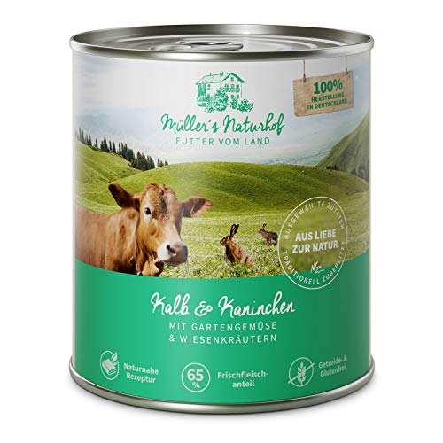 Müllers Naturhof - Kalb und Kaninchen - 6 x 800 g - Nassfutter für alle Hunderassen - getreidefrei und glutenfrei - mit Gartengemüse und Wiesenkräutern - naturnahe Rezeptur mit 65% Fleisch von Müller`s Naturhof FUTTER VOM LAND