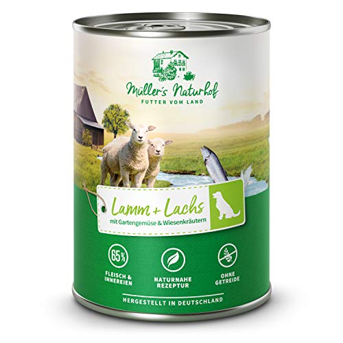 Müllers Naturhof - Lamm und Lachs - 6 x 400 g - Nassfutter für alle Hunderassen - getreidefrei und glutenfrei - mit Gartengemüse und Wiesenkräutern - naturnahe Rezeptur mit 65% Fleisch und Fisch von Müller`s Naturhof FUTTER VOM LAND