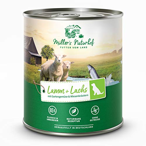 Müllers Naturhof - Lamm und Lachs - 6 x 800 g - Nassfutter für alle Hunderassen - getreidefrei und glutenfrei - mit Gartengemüse und Wiesenkräutern - naturnahe Rezeptur mit 65% Fleisch und Fisch von Müller`s Naturhof FUTTER VOM LAND