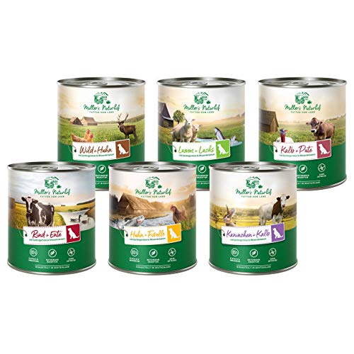 Müllers Naturhof - Mix - 6 x 800 g - Nassfutter für alle Hunderassen - getreidefrei und glutenfrei - mit Gartengemüse und Wiesenkräutern - naturnahe Rezeptur mit 65% Fleisch von Müller`s Naturhof FUTTER VOM LAND